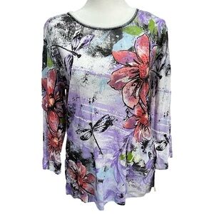 Jess & Jane Dragonflies Top White Purple Black Rose Green Flowers Size Small